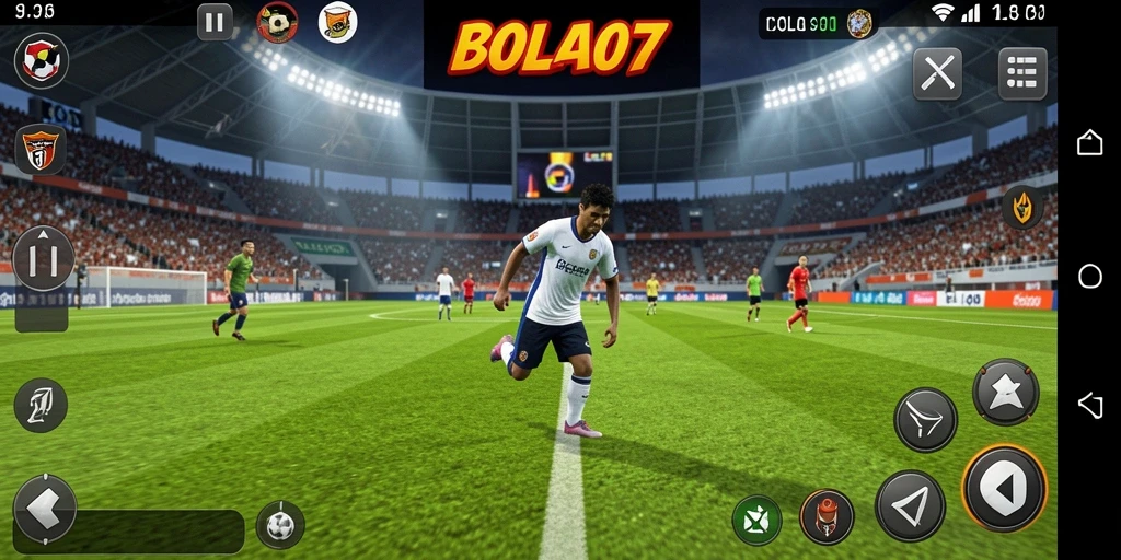 Screenshot utama BOLA07 menampilkan gameplay strategi sepak bola yang intens.