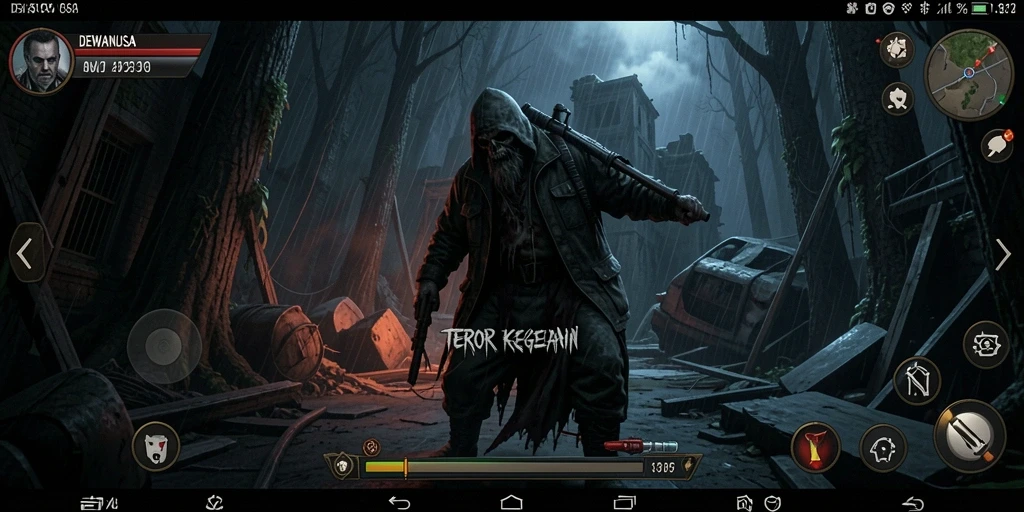 Screenshot gameplay DEWANUSA menampilkan suasana mencekam dan karakter yang terjebak dalam kegelapan.