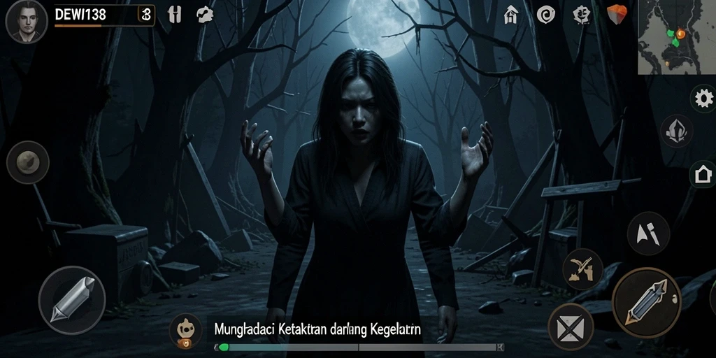 Screenshot gameplay DEWI138 menampilkan suasana horor yang mencekam.
