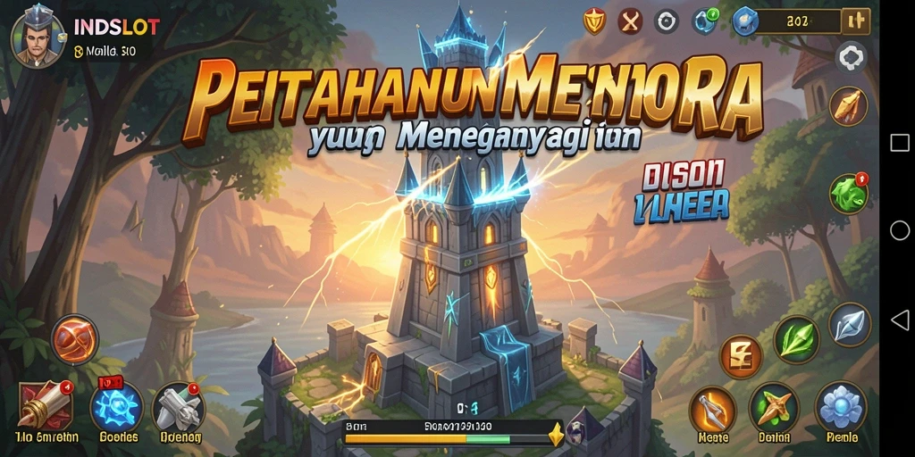 Tampilan gameplay menegangkan di INDSLOT dengan menara dan musuh yang dinamis.
