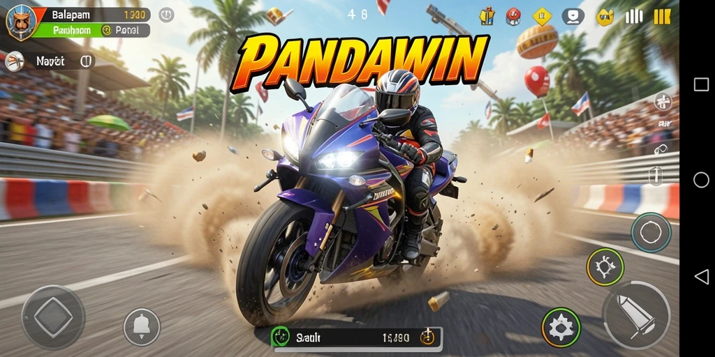 Screenshot gameplay PANDAWIN yang memperlihatkan balapan motor seru.