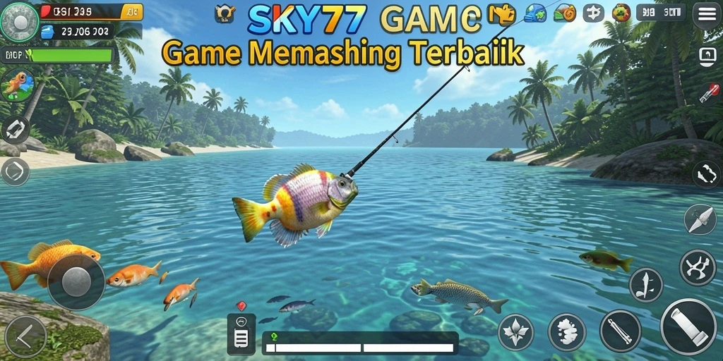 Tampilan gameplay yang seru dalam SKY77 saat memancing ikan besar.