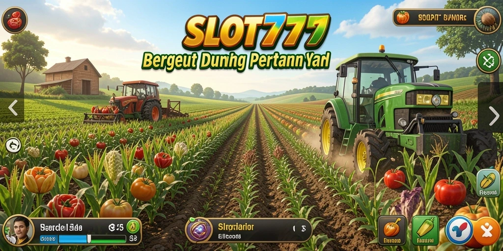 Tangkapan layar menunjukkan gameplay SLOT777 dengan ladang yang subur dan aktivitas bertani.