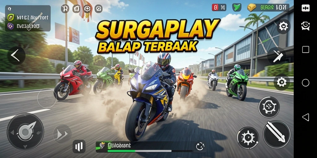 Tampilan gameplay SURGAPLAY dengan balapan motor yang mendebarkan.